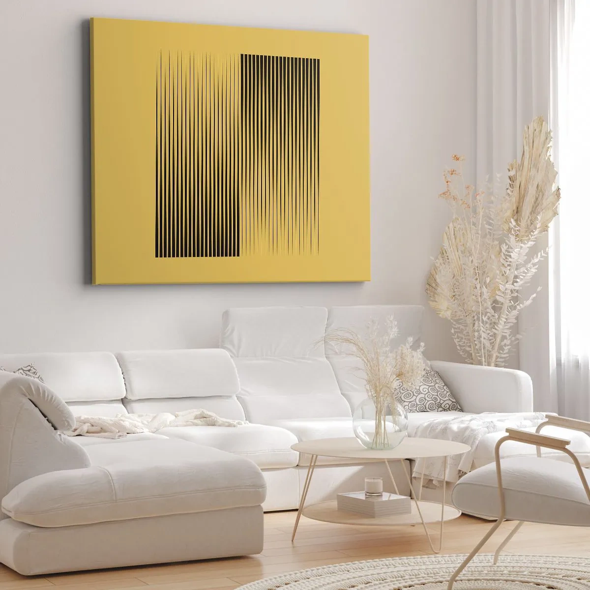 Quadro em tela - Linhas pretas verticais em um fundo amarelo - 70x50cm - Quadratura de opostos - Decoração de parede moderna para a sala de estar e quarto ARTTOR