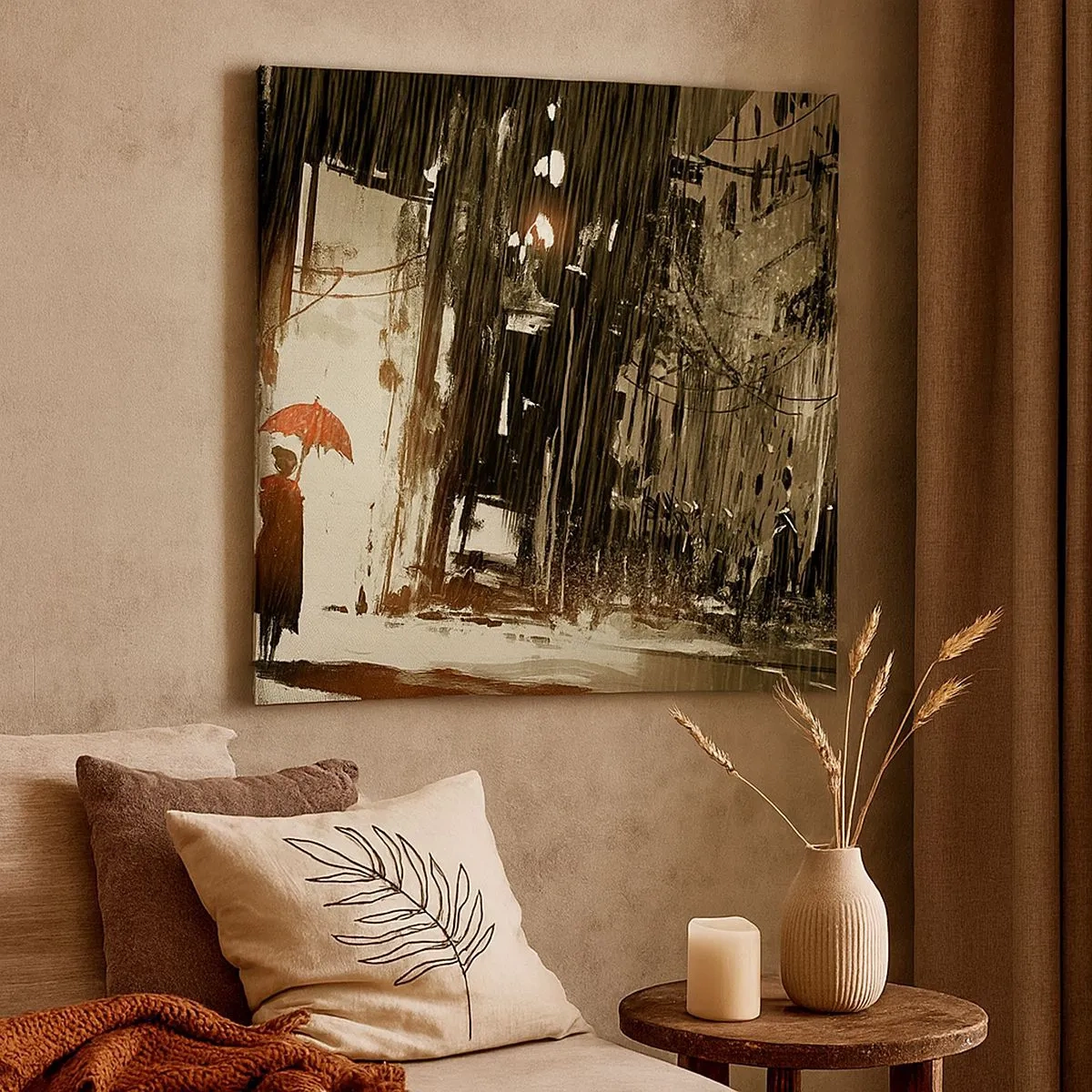 Quadro em tela - A poesia do guarda-chuva vermelho - 30x30 cm