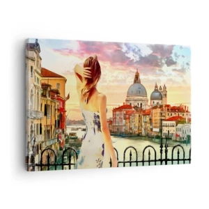 Quadro em tela - Uma mulher admirando a paisagem pitoresca junto ao canal - 70x50cm - Aventura de verdade somente em ... - Decoração de parede moderna para a sala de estar e quarto ARTTOR