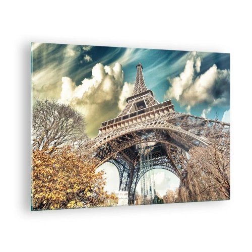 Quadro em vidro - A Torre Eiffel em um cenário de outono contra um céu dinâmico - 70x50cm - E no outono em Paris... - Decoração de parede moderna para a sala de estar e quarto ARTTOR