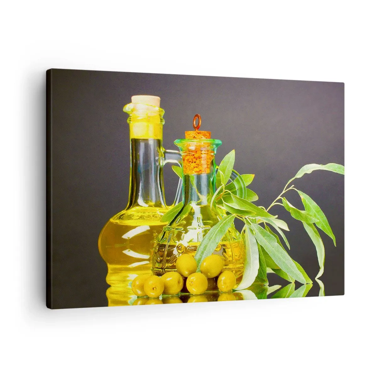Quadro em tela - Garrafas de azeite e ramos de oliveira - 70x50cm - Natureza morta com azeitonas e azeite - Decoração de parede moderna para a sala de estar e quarto ARTTOR