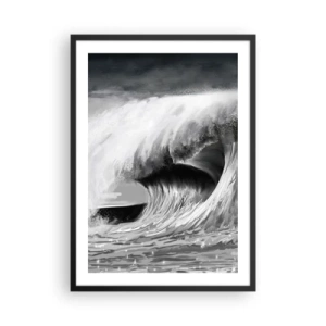 Pôster com moldura preta - Uma onda poderosa em tons de cinza - 50x70cm - A ira do oceano - Decoração de parede moderna para a sala de estar e quarto ARTTOR