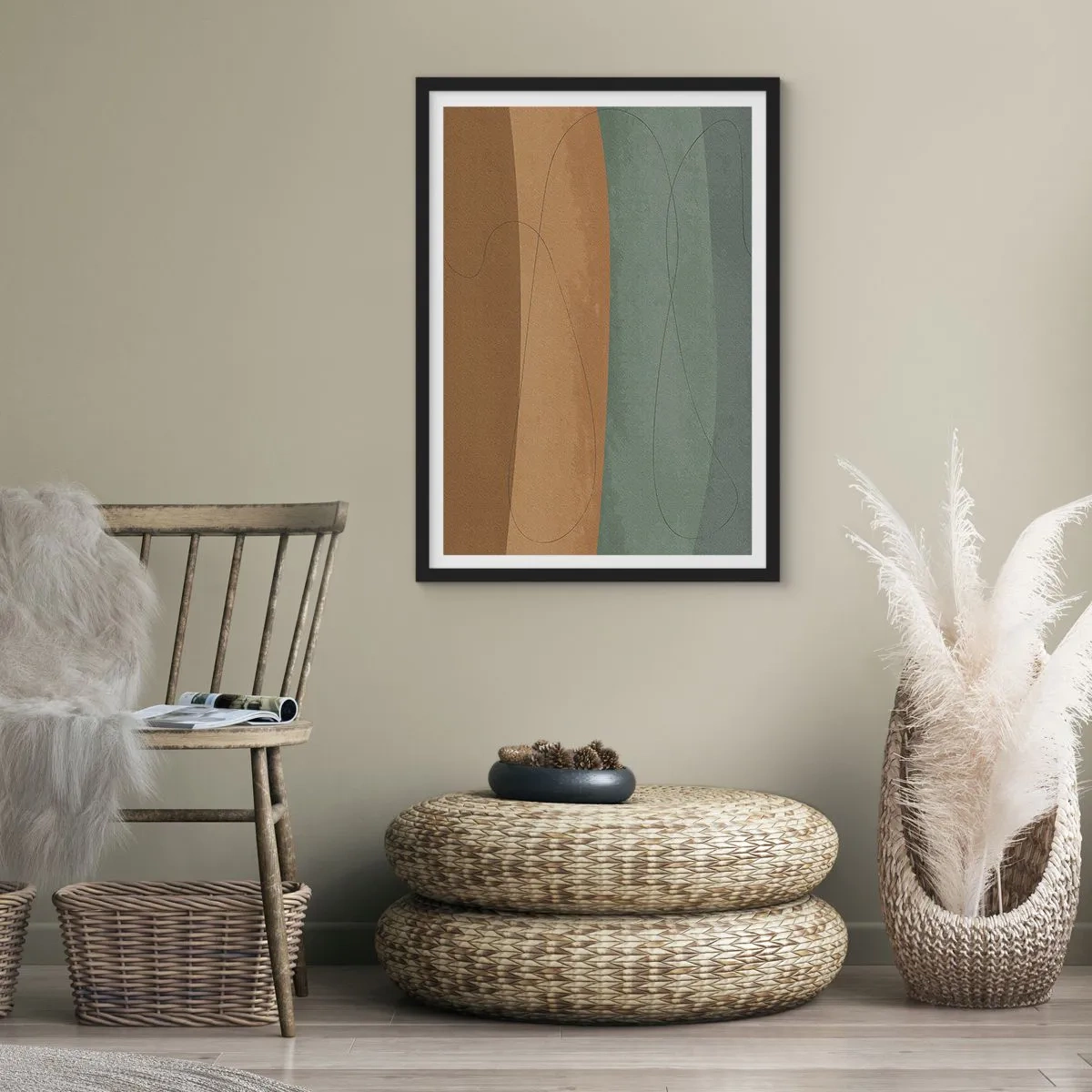 Pôster com moldura preta - Linhas orgânicas em fundos terrosos e verdes - 50x70cm - Composição horizontal - Decoração de parede moderna para a sala de estar e quarto ARTTOR
