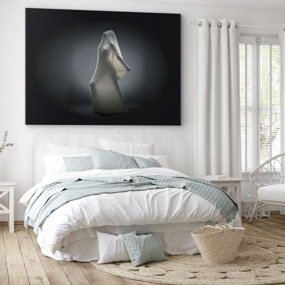 Quadro em tela - Uma figura em tecido branco sobre fundo escuro - 70x50cm - Desejos ocultos - Decoração de parede moderna para a sala de estar e quarto ARTTOR