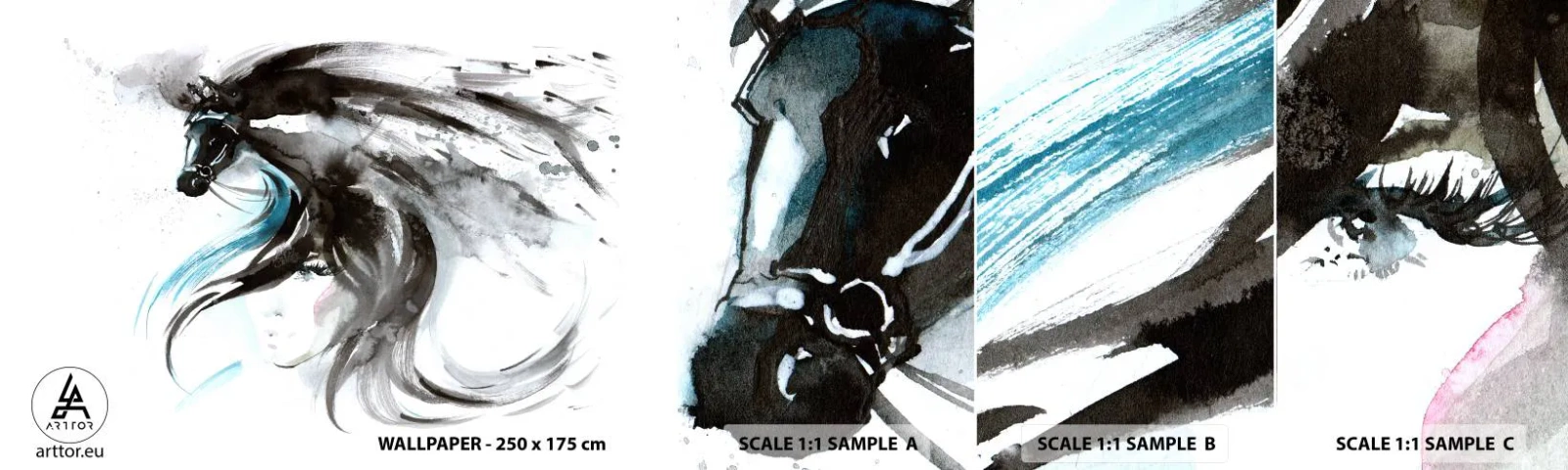 Amostra de Papel de Parede Standard Eco - O galope do Príncipe Negro - Animais, Cavalo, Gráficos - 100x30 cm