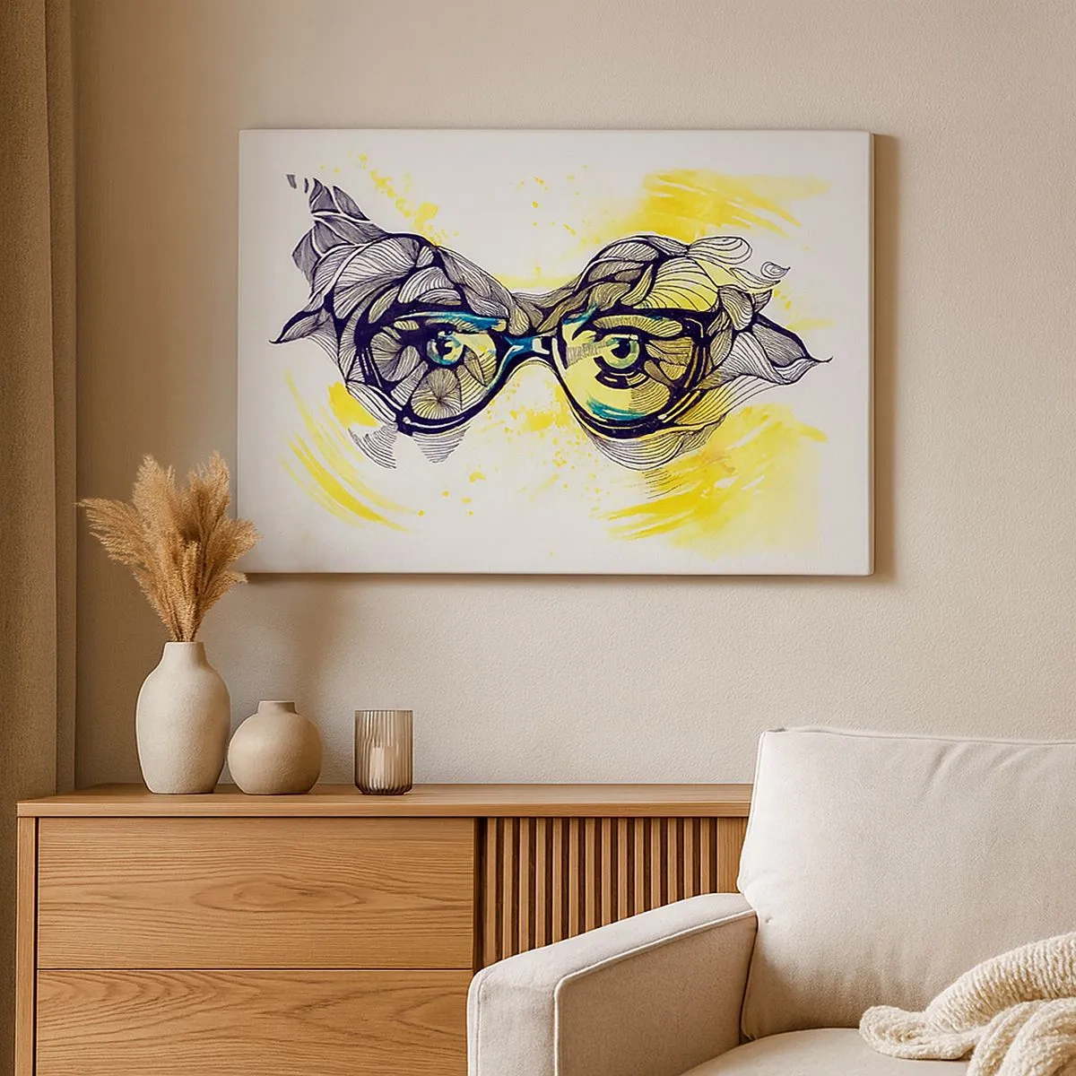 Quadro em tela - Gráficos artísticos de óculos com olhos expressivos - 70x50cm - Através de óculos azuis - Decoração de parede moderna para a sala de estar e quarto ARTTOR
