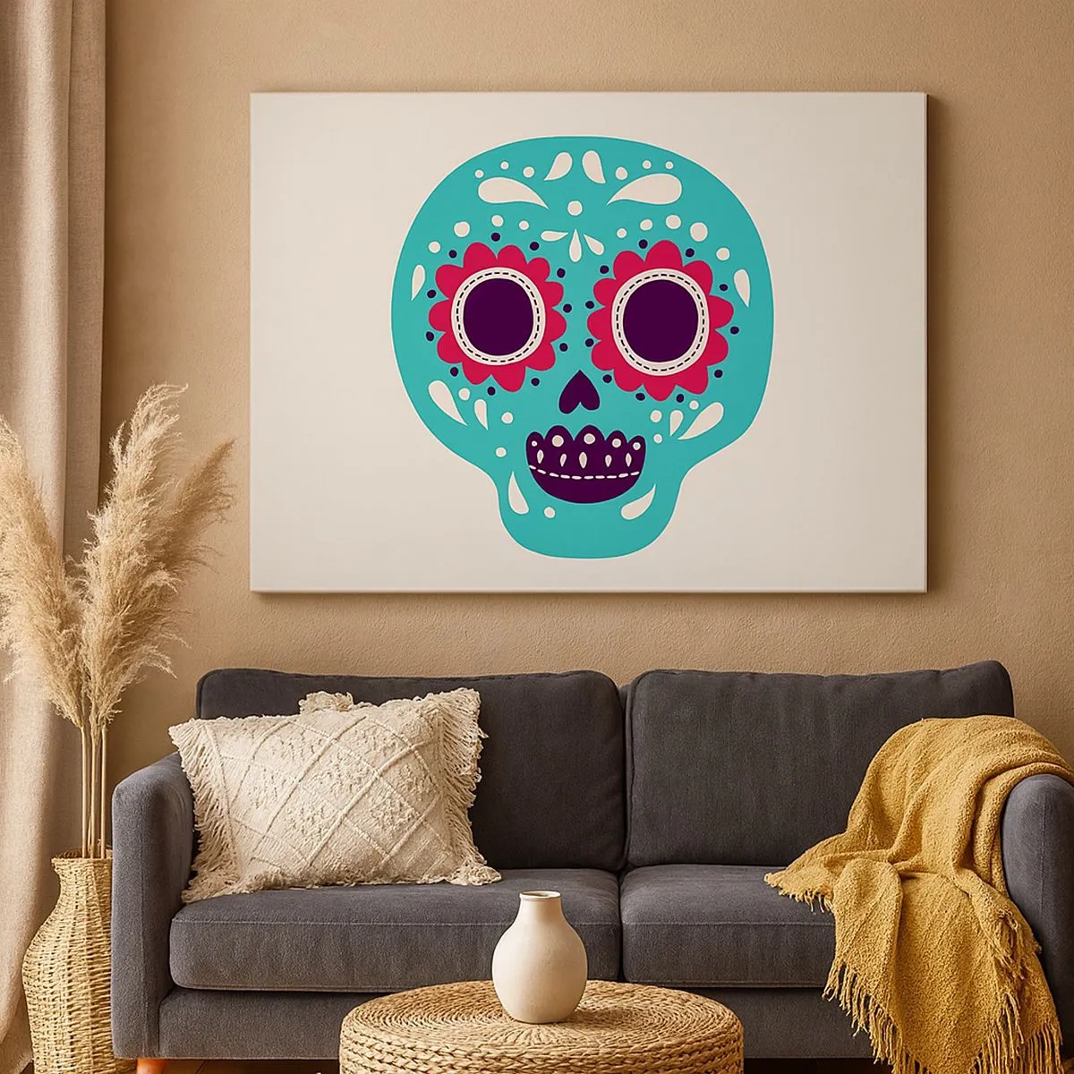 Quadro em tela - Uma caveira de açúcar turquesa e roxa inspirada na cultura mexicana - 70x50cm - Vida – diversão até a morte - Decoração de parede moderna para a sala de estar e quarto ARTTOR