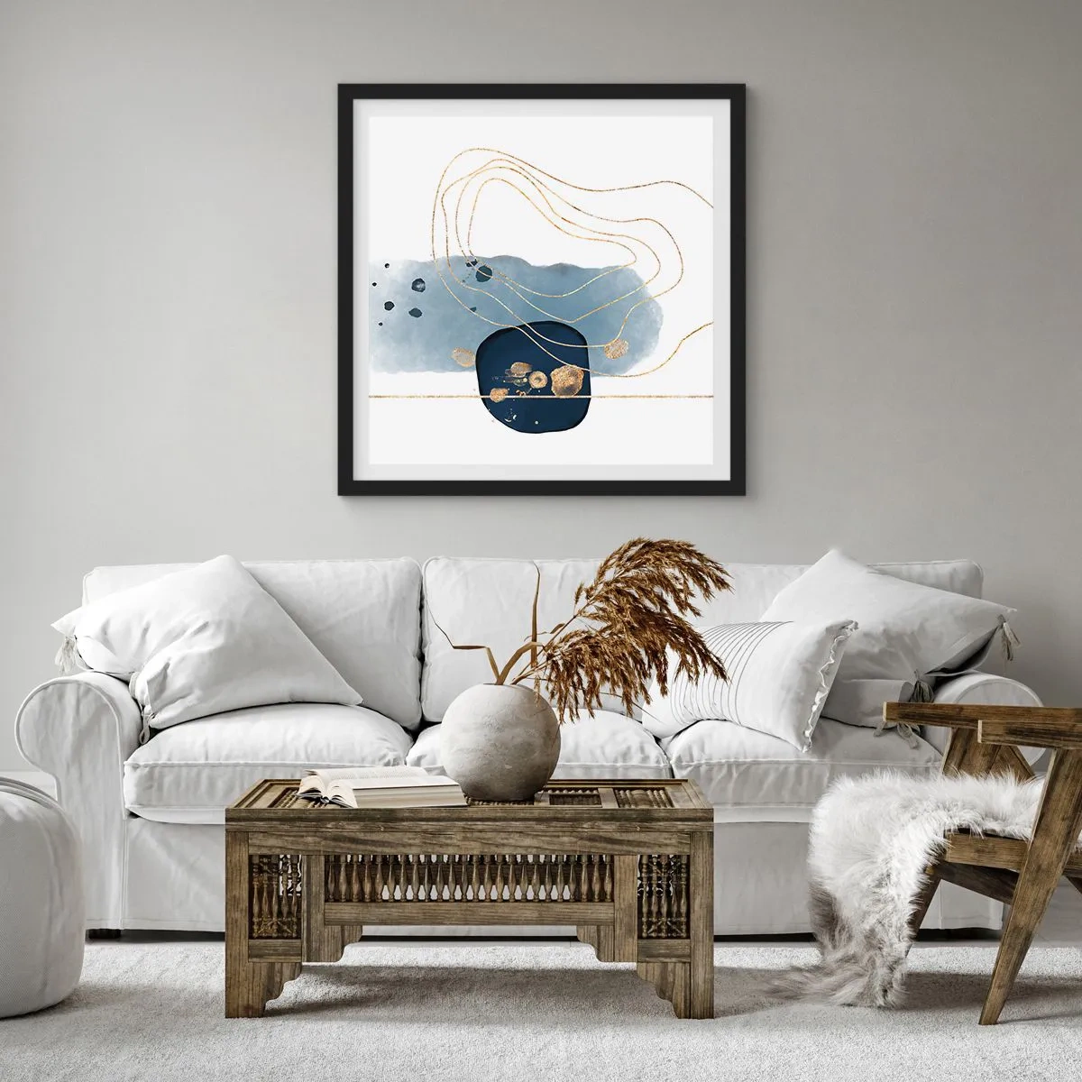 Pôster com moldura preta - Fantasia azul e dourada - 30x30 cm