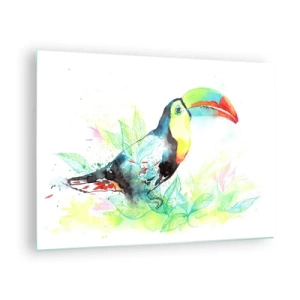 Quadro em vidro - Um tucano colorido em uma paisagem de aquarela com folhas - 70x50cm - Colorido como a América do Sul - Decoração de parede moderna para a sala de estar e quarto ARTTOR