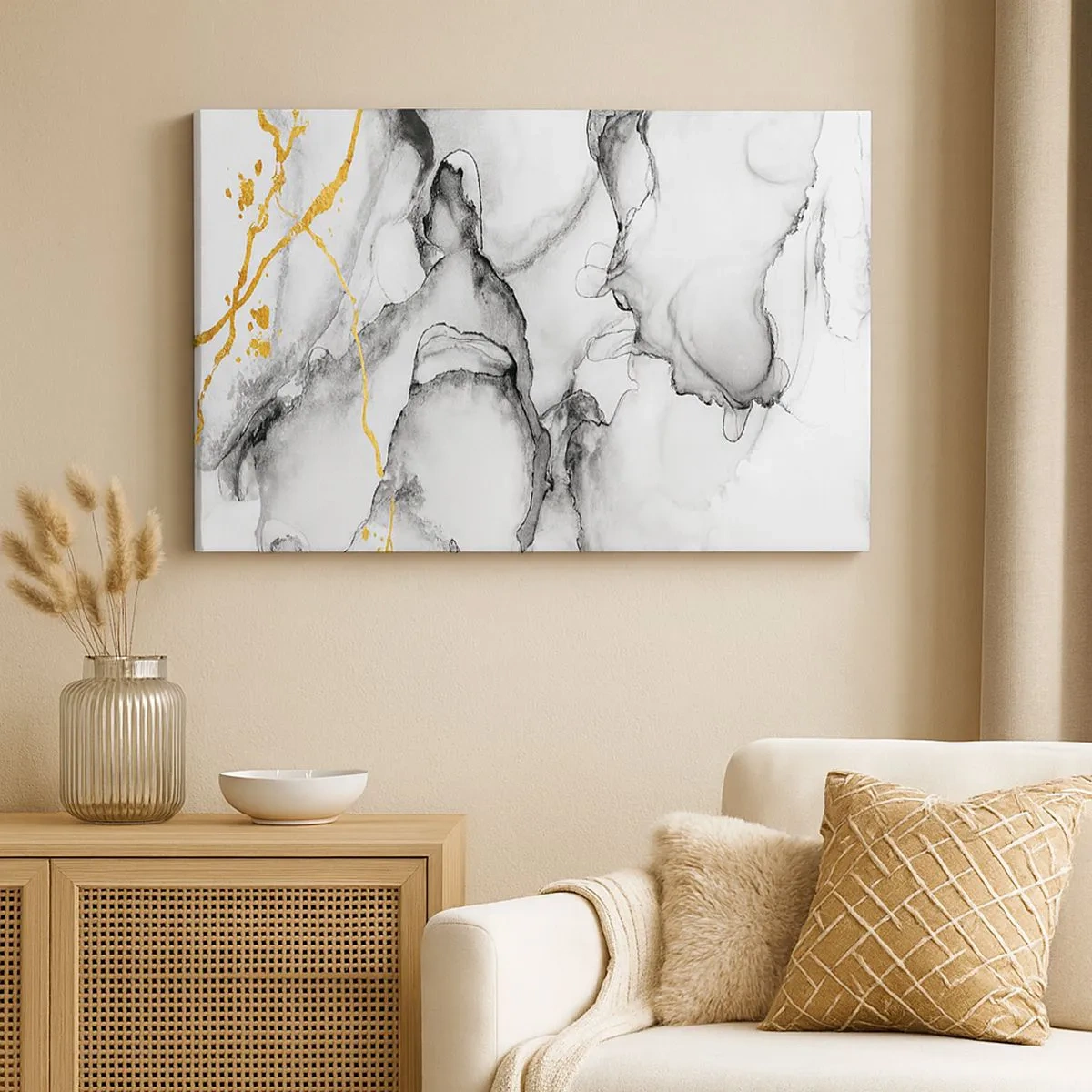 Quadro em tela - Padrões abstratos em preto e branco com detalhes dourados - 70x50cm - Composição dourada - Decoração de parede moderna para a sala de estar e quarto ARTTOR
