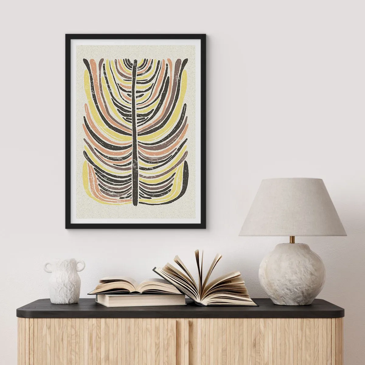 Pôster com moldura preta - Folha abstrata em tons de terra - 50x70cm - Abstração cheia de vida - Decoração de parede moderna para a sala de estar e quarto ARTTOR