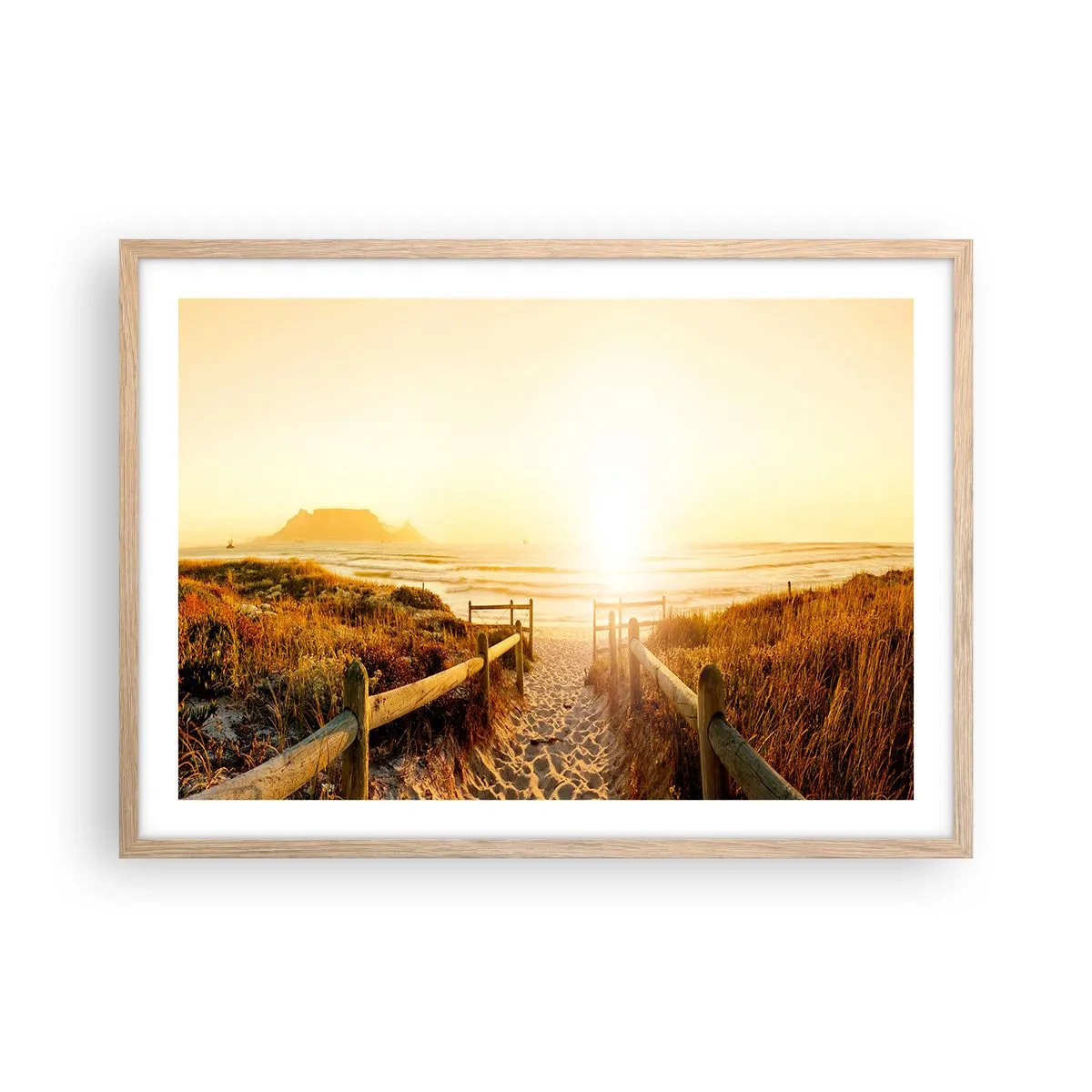 Pôster com moldura de carvalho claro - Pelaa duna, em direção ao sol - 70x50 cm