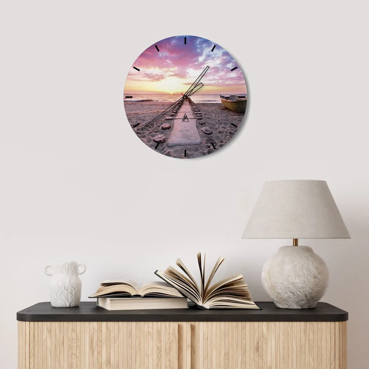Relógio de parede - Relógio em vidro - Caminho da praia em direção ao pôr do sol - 30x30cm - Um momento de profunda experiência - Decoração de parede moderna para a sala de estar, cozinha e quarto ARTTOR