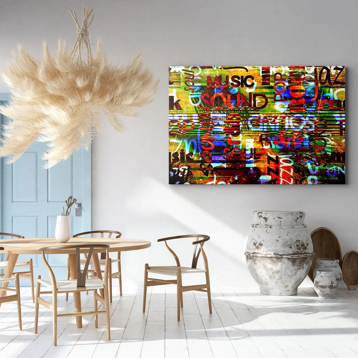 Quadro em tela - Abstração colorida com inscrições musicais em estilo pop art - 70x50cm - Todas as cores do som - Decoração de parede moderna para a sala de estar e quarto ARTTOR