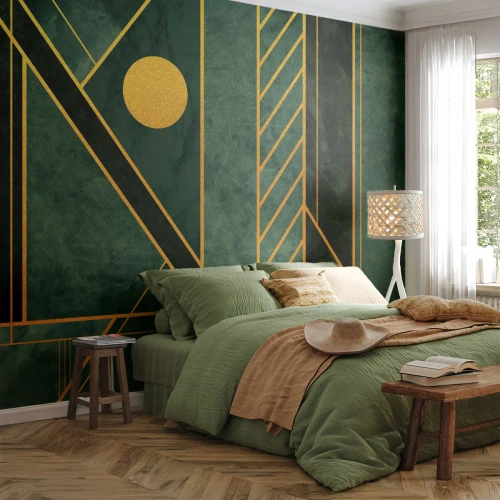Papel de Parede Premium Canvas - A dinâmica do ouro e do azul - Abstração, Pedaço, Padrão Geométrico - 450x315 cm