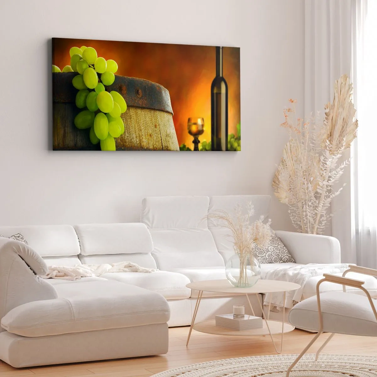 Quadro em tela - Natureza morta com uma garrafa de vinho e um cacho de uvas - 120x50 cm