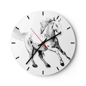 Relógio de parede - Relógio em vidro - Desenho de um cavalo galopando em um fundo branco - 30x30cm - Alma Indomável - Decoração de parede moderna para a sala de estar, cozinha e quarto ARTTOR