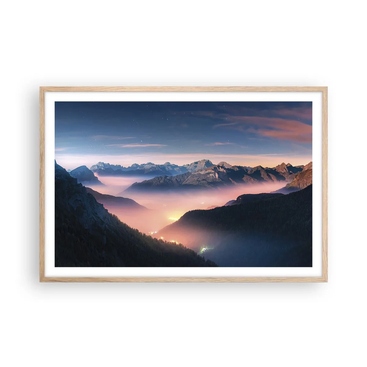 Pôster com moldura de carvalho claro - Luz nos vales - 91x61 cm