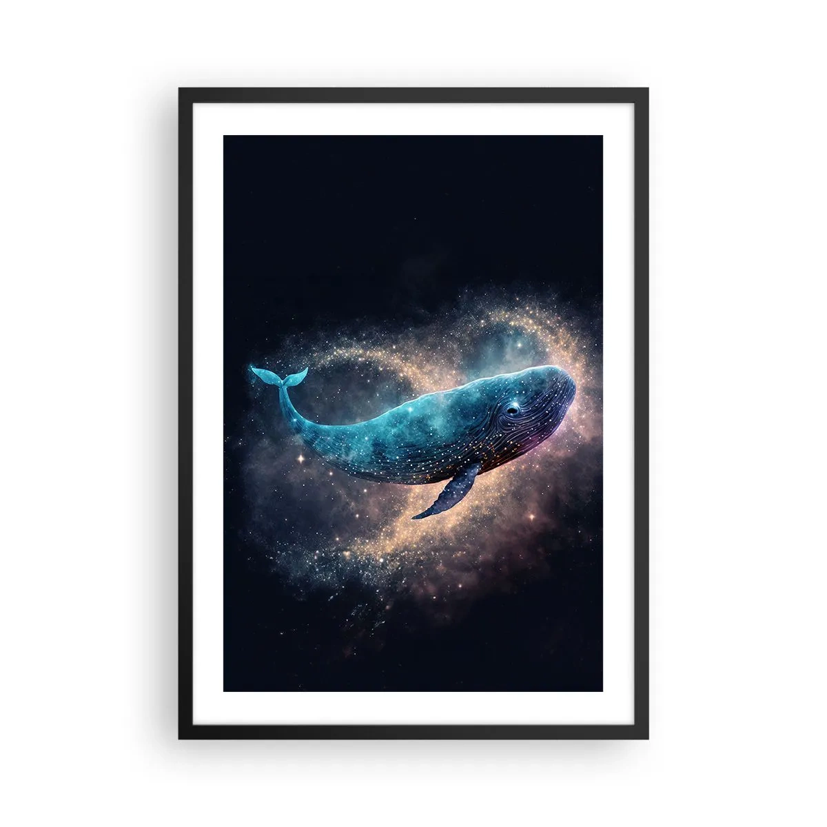 Pôster com moldura preta - Uma baleia espacial cercada por uma nebulosa estelar em um fundo preto. - 50x70cm - Existe um mundo assim… - Decoração de parede moderna para a sala de estar e quarto ARTTOR