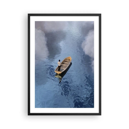 Pôster com moldura preta - Uma pessoa em um barco flutuando na água refletindo o céu e as nuvens. - 50x70cm - Vida – jornada – desconhecido - Decoração de parede moderna para a sala de estar e quarto ARTTOR