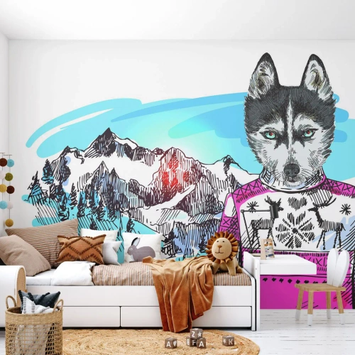 Papel de Parede Premium Canvas - Lobo em lã de ovelha - Abstração, Lobo, Para crianças - 300x210 cm