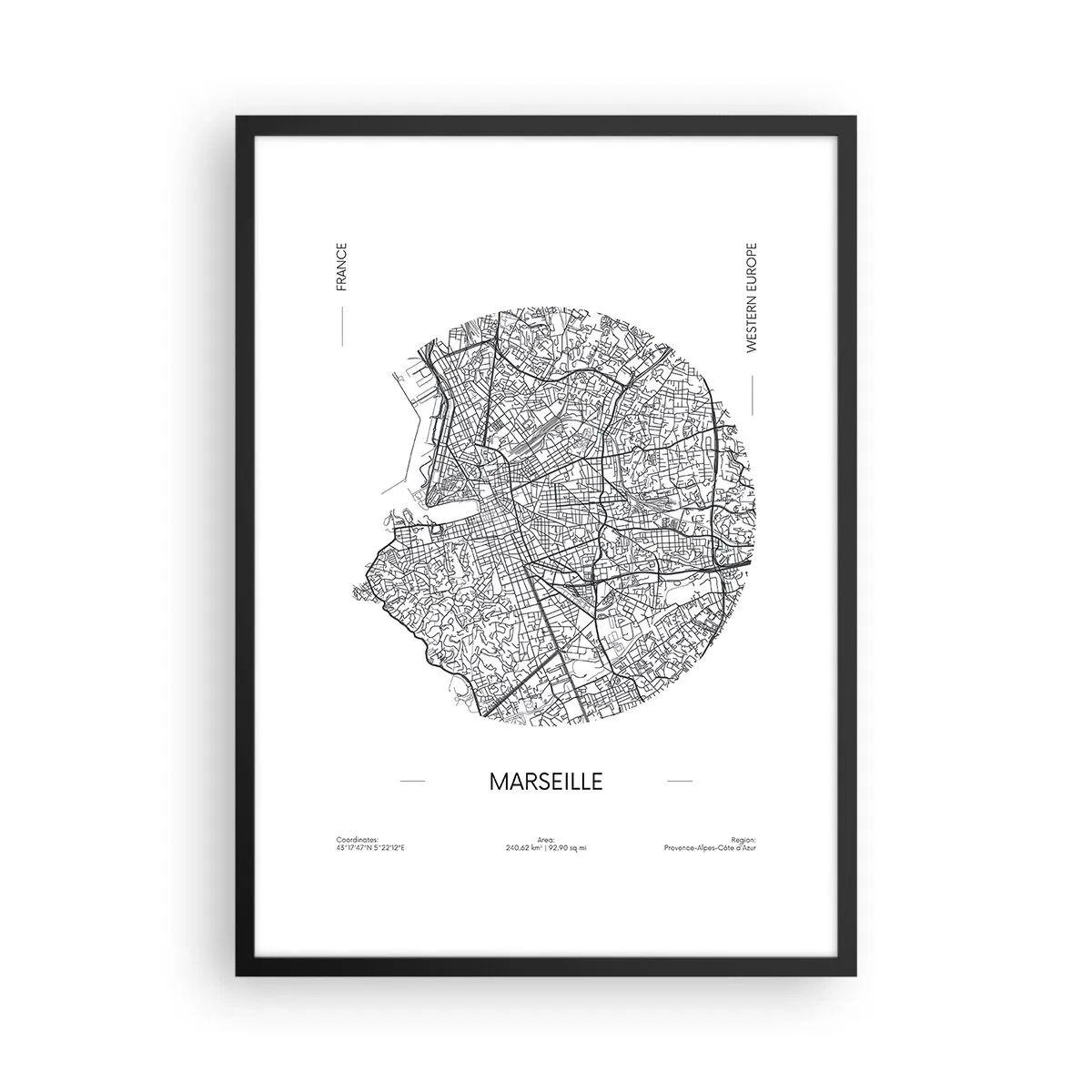 Pôster com moldura preta - Mapa minimalista de Marselha em círculo - 50x70cm - Anatomia de Marselha - Decoração de parede moderna para a sala de estar e quarto ARTTOR