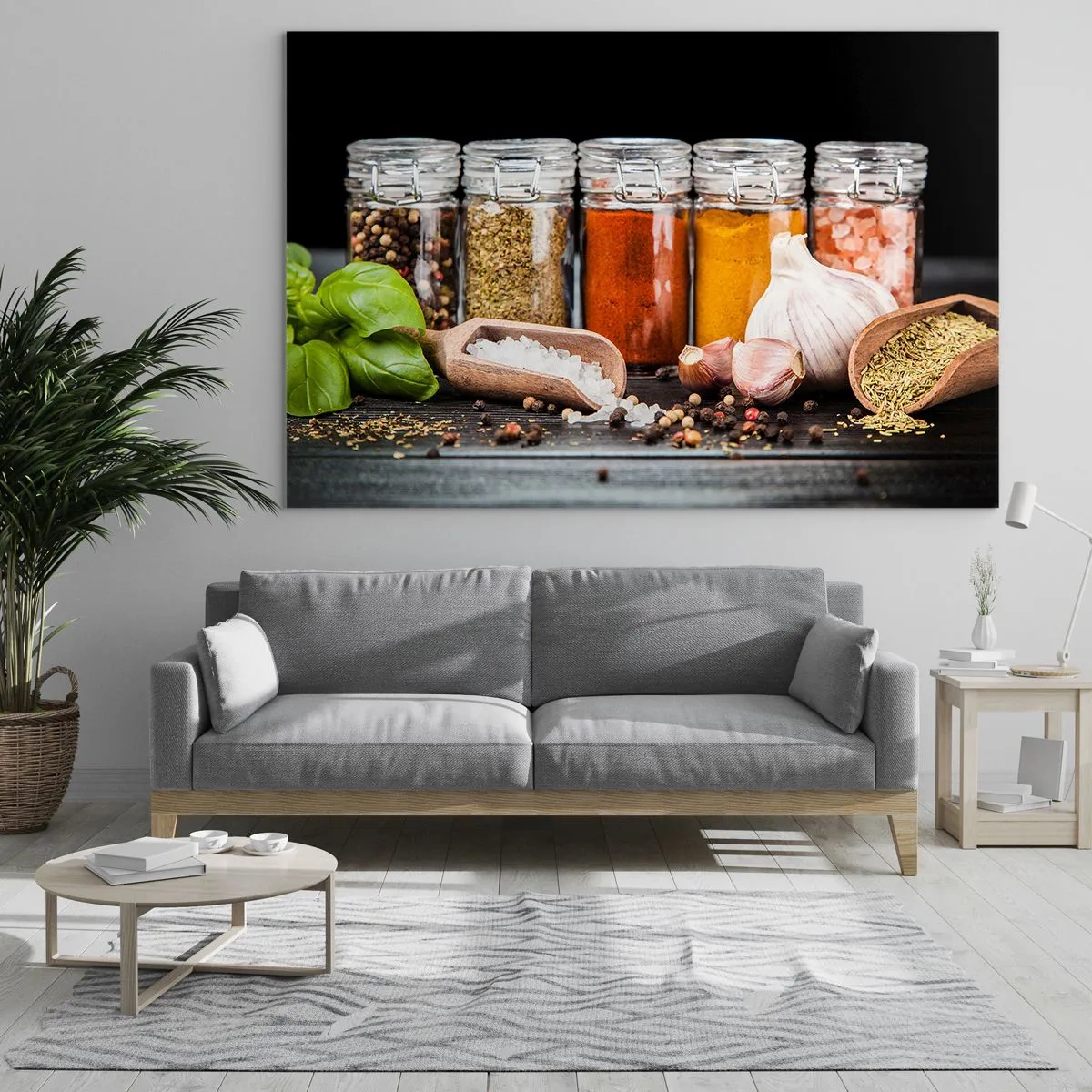 Quadro em vidro - Especiarias coloridas em potes sobre fundo escuro - 70x50cm - Para que a vida tenha um sabor - Decoração de parede moderna para a sala de estar e quarto ARTTOR
