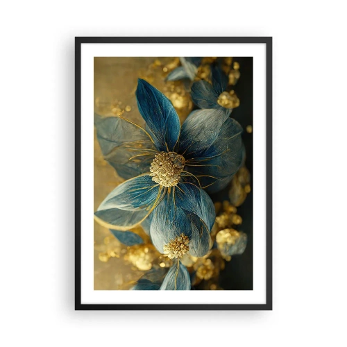 Pôster com moldura preta - Flores douradas e azul-marinho em uma composição elegante - 50x70cm - Florescer com ouro - Decoração de parede moderna para a sala de estar e quarto ARTTOR