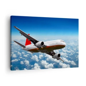 Quadro em tela - Um avião de passageiros voando acima das nuvens contra um céu azul. - 70x50cm - Afaste-se de tudo isso - Decoração de parede moderna para a sala de estar e quarto ARTTOR