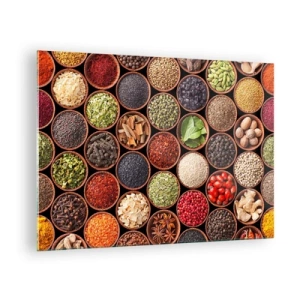 Quadro em vidro - Uma composição de várias especiarias em tigelas de madeira - 70x50cm - Todos os sabores do mundo - Decoração de parede moderna para a sala de estar e quarto ARTTOR