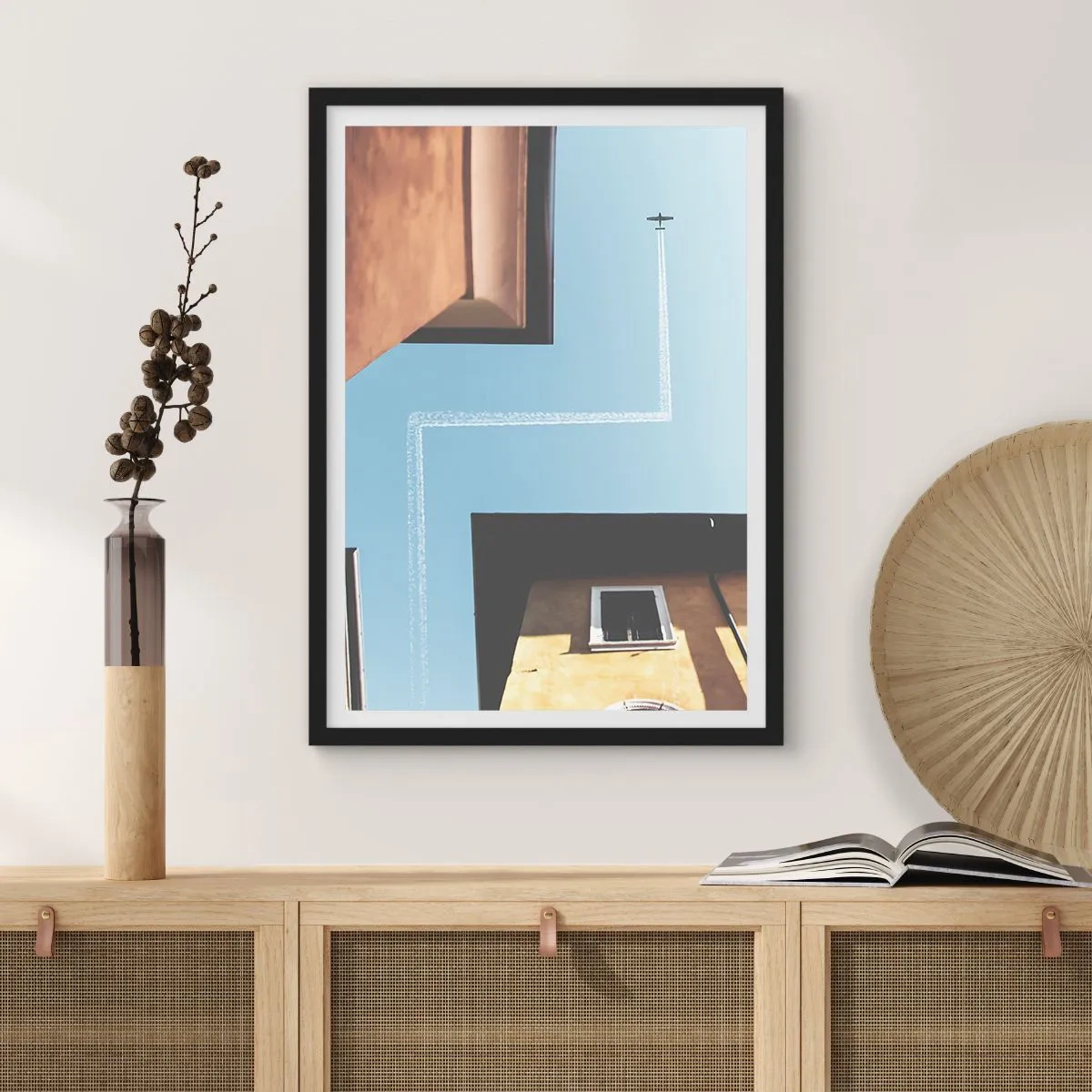 Pôster com moldura preta - Perspectiva de edifícios com um avião e um caminho incomum no céu - 50x70cm - Acima do labirinto da cidade - Decoração de parede moderna para a sala de estar e quarto ARTTOR
