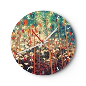 Relógio de parede - Relógio em vidro - Floresta de bambu colorida sob luz quente - 30x30cm - A vida secreta das folhas - Decoração de parede moderna para a sala de estar, cozinha e quarto ARTTOR