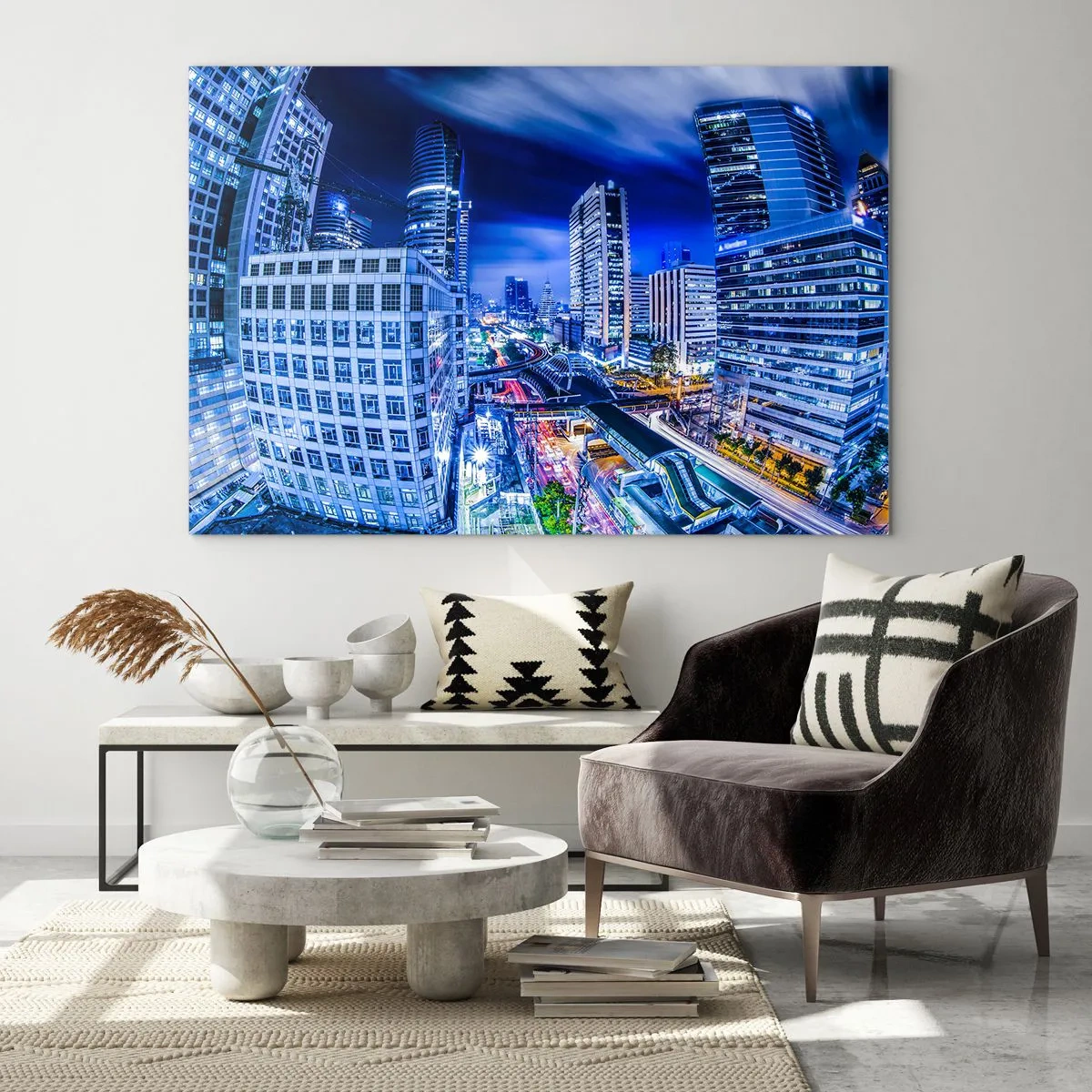 Quadro em vidro - Panorama de uma cidade moderna à noite com luzes brilhantes - 70x50cm - Ritmos da cidade noturna - Decoração de parede moderna para a sala de estar e quarto ARTTOR
