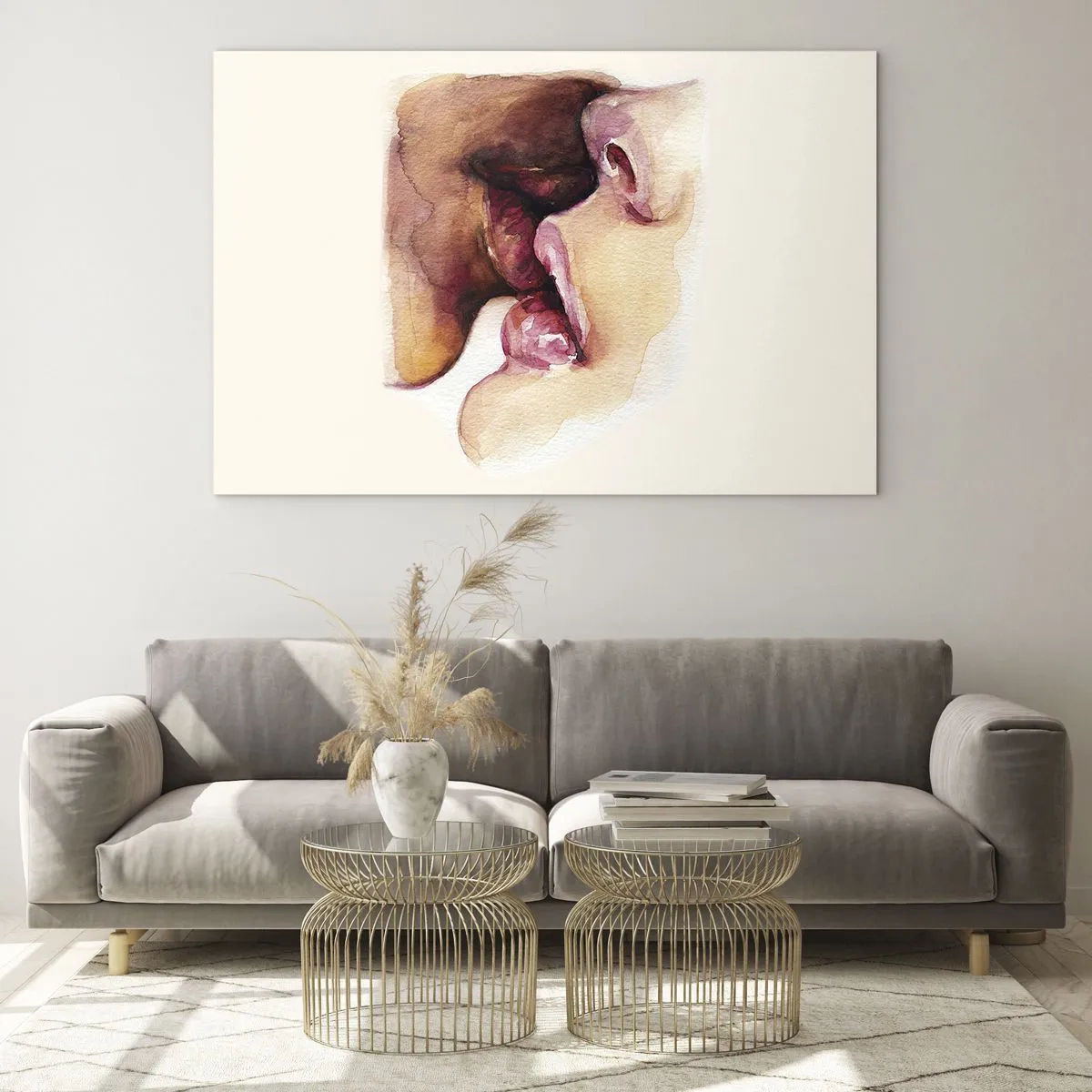 Quadro em vidro - Beijo artístico em aquarela de dois rostos em um fundo claro - 70x50cm - Como a noite e o dia, a terra e o céu - Decoração de parede moderna para a sala de estar e quarto ARTTOR
