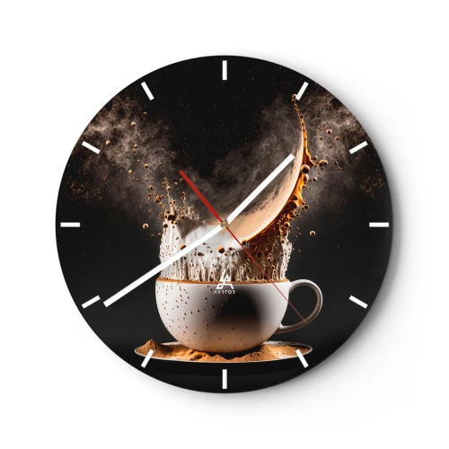 Relógio de parede - Relógio em vidro - Café explodindo de uma xícara em um fundo preto - 30x30cm - Uma explosão de sabor - Decoração de parede moderna para a sala de estar, cozinha e quarto ARTTOR