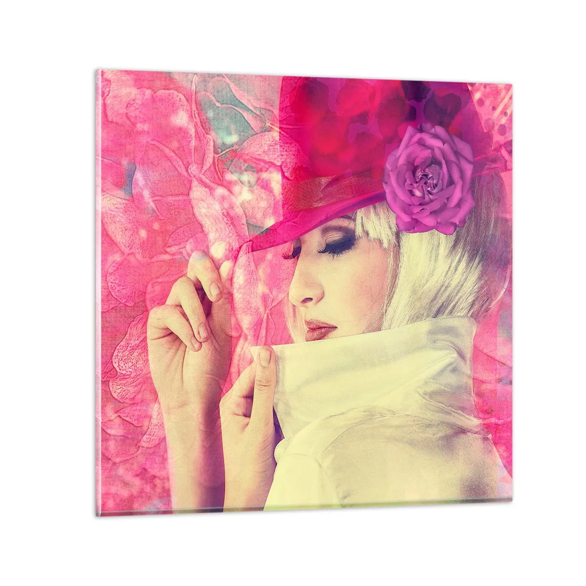 Quadro em vidro - Retrato retro em rosa - 40x40 cm