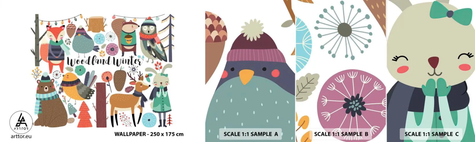 Amostra de papel de parede autocolante Deluxe Sticker - Natal de conto de fadas na floresta - Para crianças, Inverno na floresta, Animais - 100x30 cm