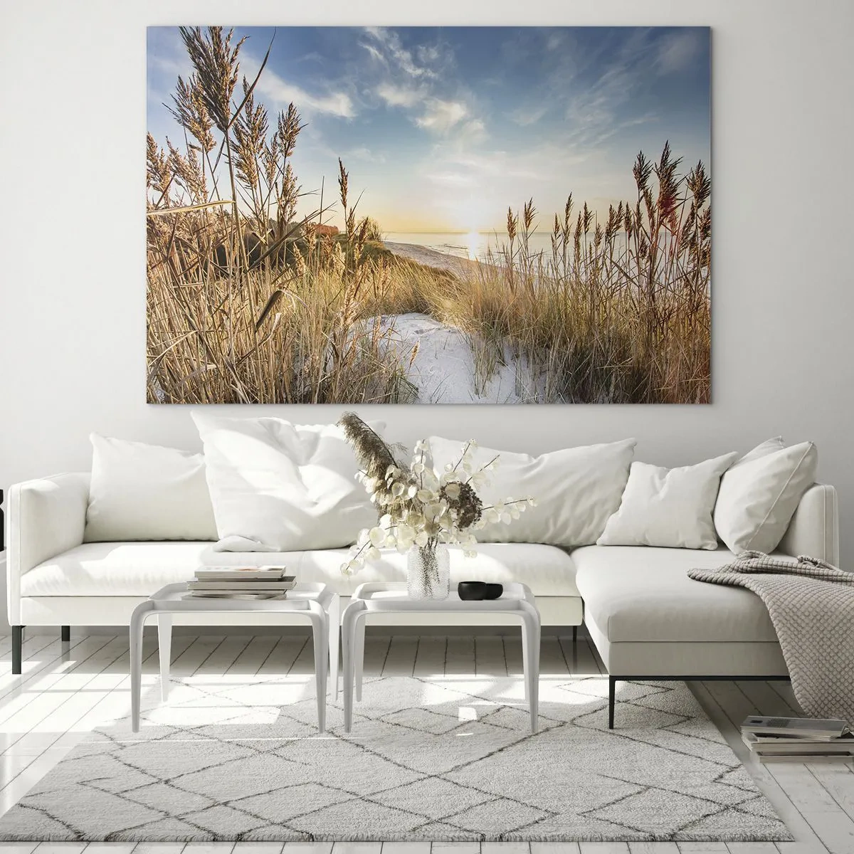 Quadro em vidro - Pôr do sol sobre uma praia com dunas cobertas de grama - 70x50cm - Praia do Norte - Decoração de parede moderna para a sala de estar e quarto ARTTOR