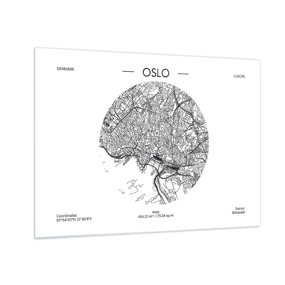 Quadro em vidro - Mapa da cidade de Oslo em estilo gráfico em preto e branco - 70x50cm - Anatomia de Oslo - Decoração de parede moderna para a sala de estar e quarto ARTTOR
