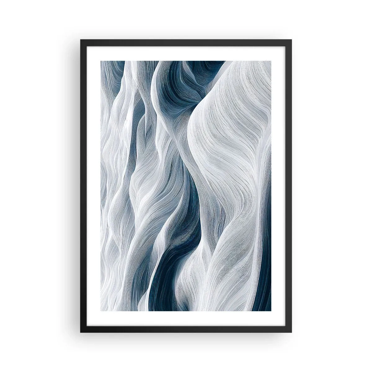 Pôster com moldura preta - Ondas abstratas em tons de branco e azul marinho - 50x70cm - Ondas brancas e azuis - Decoração de parede moderna para a sala de estar e quarto ARTTOR