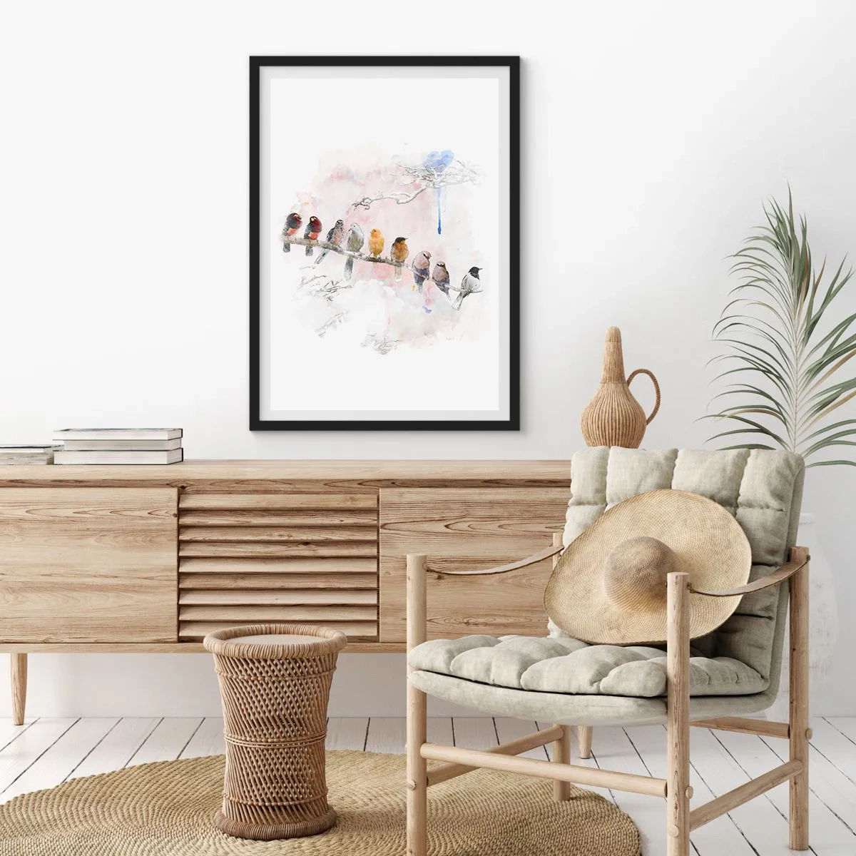Pôster com moldura preta - Pássaros sentados em um galho em estilo aquarela - 50x70cm - Reunião alada - Decoração de parede moderna para a sala de estar e quarto ARTTOR