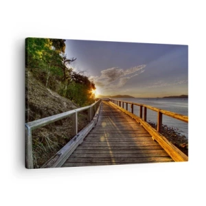 Quadro em tela - Um cais de madeira conduz ao pôr do sol sobre a água - 70x50cm - Caminhada constante em direção ao sol - Decoração de parede moderna para a sala de estar e quarto ARTTOR