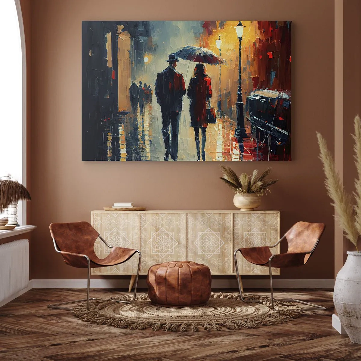 Quadro em tela - Caminhando na chuva sob um guarda-chuva na cidade à noite - 70x50cm - História de amor urbano - Decoração de parede moderna para a sala de estar e quarto ARTTOR