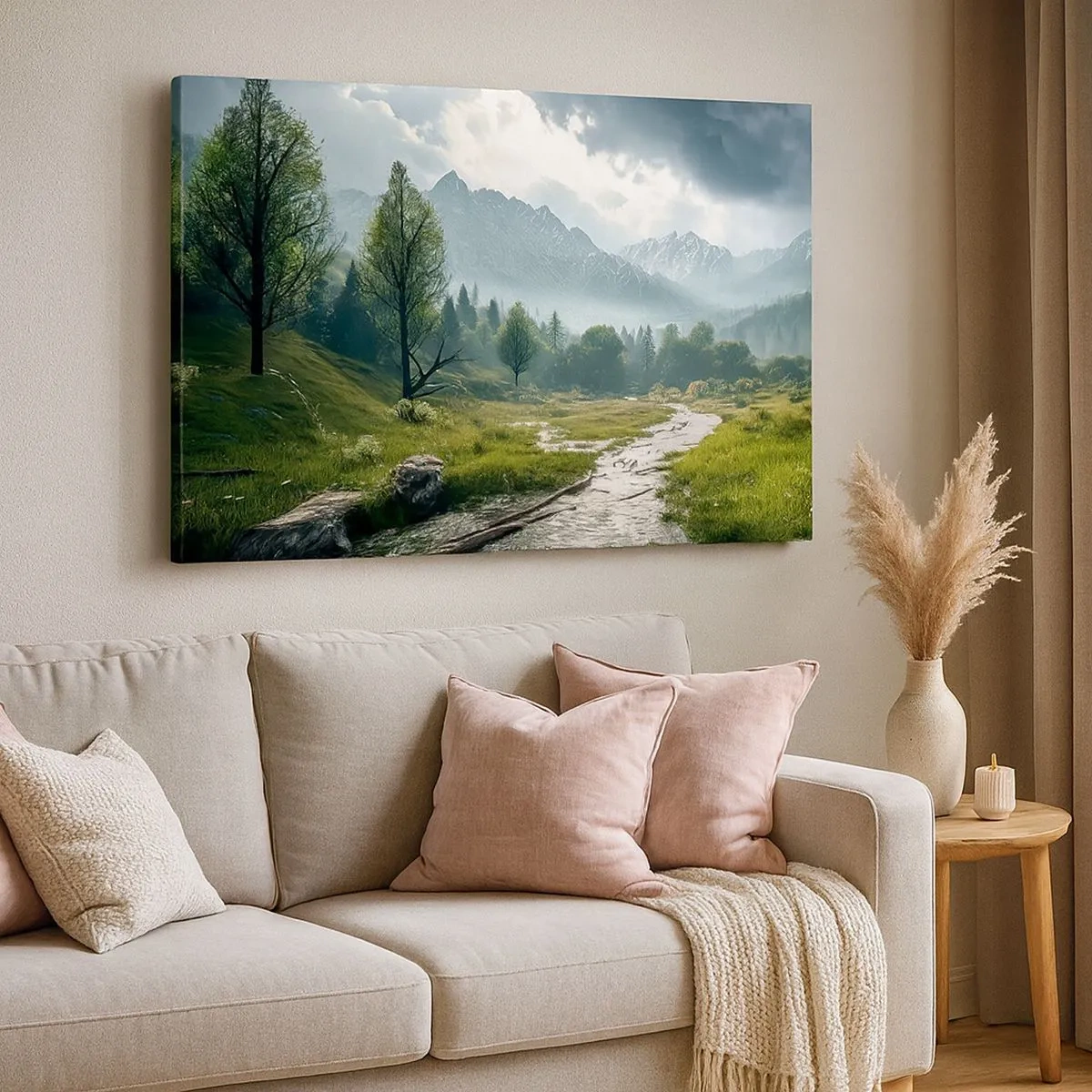 Quadro em tela - Uma paisagem montanhosa com um rio e árvores cercadas por montanhas enevoadas - 70x50cm - Ida e volta - Decoração de parede moderna para a sala de estar e quarto ARTTOR