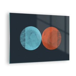 Quadro em vidro - Círculos abstratos em azul e laranja - 70x50cm - Apenas geometria? - Decoração de parede moderna para a sala de estar e quarto ARTTOR