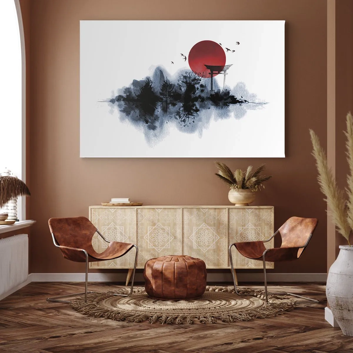 Quadro em tela - Sol vermelho sobre uma paisagem pitoresca com torii - 70x50cm - Vista japonesa - Decoração de parede moderna para a sala de estar e quarto ARTTOR