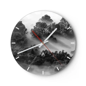 Relógio de parede - Relógio em vidro - Paisagem montanhosa em preto e branco com neblina na floresta - 30x30cm - Levantar-se do sono - Decoração de parede moderna para a sala de estar, cozinha e quarto ARTTOR
