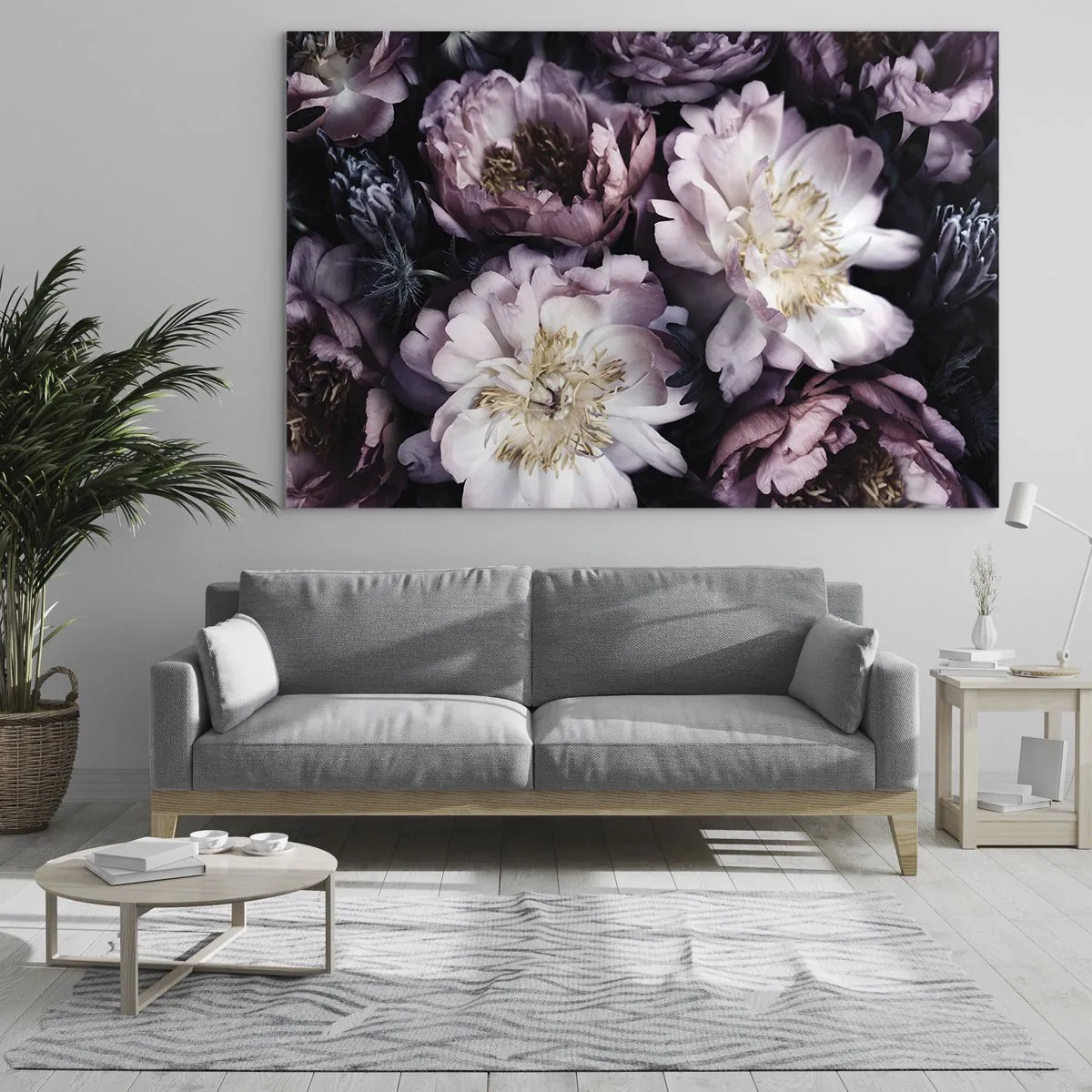 Quadro em vidro - Um buquê romântico de peônias em tons suaves de roxo e rosa - 70x50cm - Bouquet à moda antiga - Decoração de parede moderna para a sala de estar e quarto ARTTOR