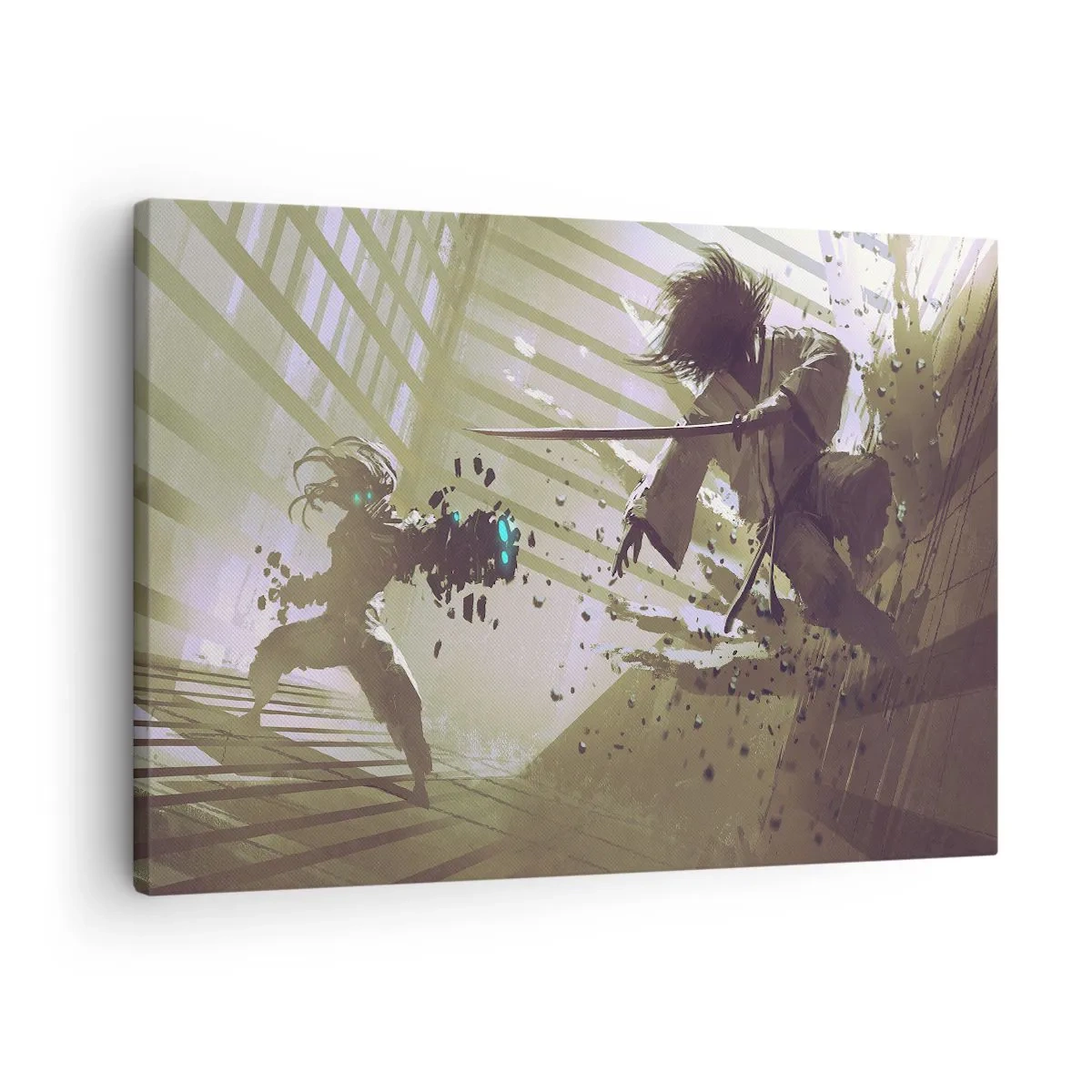 Quadro em tela - Luta dinâmica entre dois personagens em estilo futurista - 70x50cm - Você também pode ser um samurai - Decoração de parede moderna para a sala de estar e quarto ARTTOR