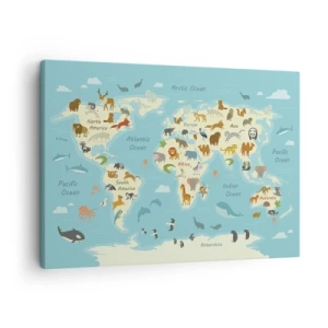 Quadro em tela - Mapa-múndi com ilustrações de animais - 70x50cm - Bons vizinhos - Decoração de parede moderna para a sala de estar e quarto ARTTOR